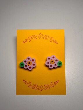 Perler Bead Pink Flower Stud Earrings